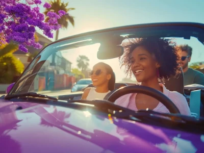 Three friends enjoying a carefree drive in a convertible, enjoying freedom from allergy symptoms
