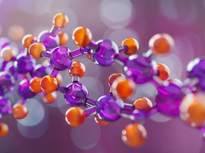 Illustration of a complex molecular structure, featuring interconnected purple and orange spheres.