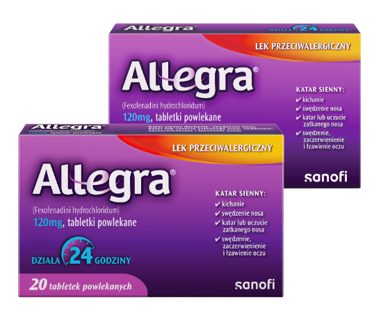 Przód opakowania przeciwhistaminowych tabletek na alergię Allegra®.